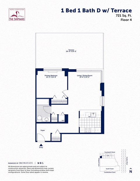 Floor plan for 1 bed, 1 bath, 721 sqft